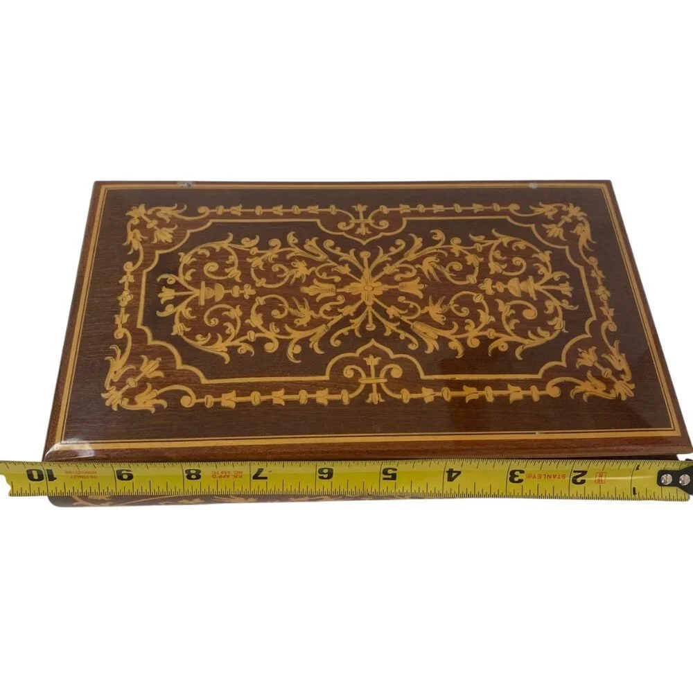 Vintage Wooden Inlaid Music Jewelry Box Ornate‎ Floral Design Red Velvet MCM